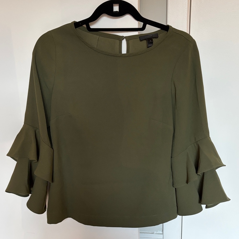 J.Crew | Size 2 | Elegant Olive Green Ruffle Sleeve Top